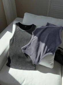 Comfortcana 双色雪白水洗针织吊带背心和短裤套装 - 藍色 - 查看 6