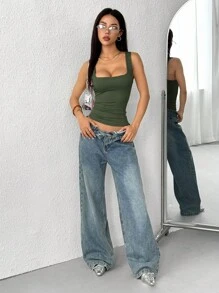 Flirla Áo ba lỗ không tay màu trơn đơn giản dành cho nữ mặc hàng ngày, mùa hè - xanh quân đội - Xem 6