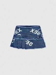 ROMWE Street Life Y2K Punk Pop Grunge Slogan All Over Muster Retro verwaschener Jeans Mini-Rock