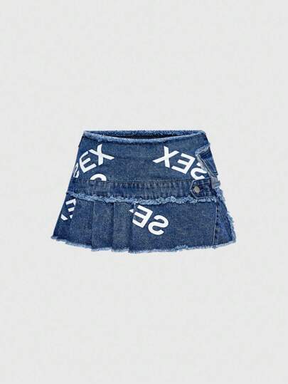 Street Life Y2K Punk Pop Grunge Slogan All Over Print Retro Washed Denim Mini Skirt