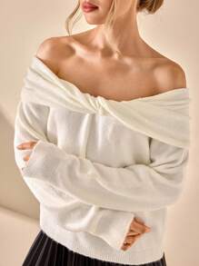 CLARA VERO Women Solid Color Front Twist Drop Shoulder Pullover,Jumper,Cream Jumper,Jumpers,Black Jumper,Womens Jumper,White Jumper,Women's Jumper,Women's Jumpers,Winter Clothes - Cream - View 6