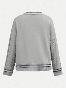 Teen Girls Crew Neck Loose Knit Sweater Top With Cute Bear Patch Design, Collegiate Style,In Fall/Winter - Grey - View 2