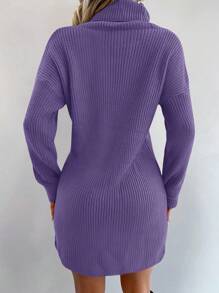 EURMUSE Solid Colored High Neck Drop Shoulder Sweater Dress Without Belt - Mauve Purple - View 2