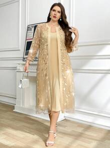 Ellevyn 加大码两件套：优雅网眼亮片叶刺绣开衫和连衣裙，夏季 - 香檳色 - 查看 5