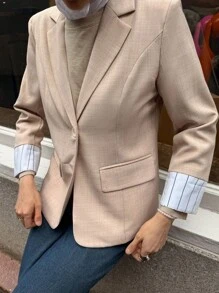 DAZY Casual Contrast Color Patchwork Women Blazer Jacket Business Attire - Khaki - View 2