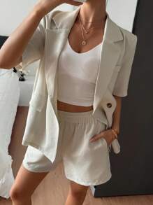 DAZY Casual Solid Color Blazer And Shorts 2-Piece Suit Set For Women Business Attire - Apricot - View 6