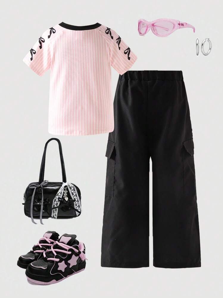 SHEIN ChillGRL Conjunto deportivo y casual para niñas, camiseta de béisbol con gráfico de rayas y mangas abullonadas con lazo, junto con pantalones cargo negros, moda - Rosa - Añade 2