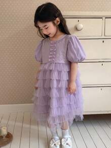 Dazy Kids 少女圆领亮片网眼拼接短袖生日派对连衣裙 - 粉色 - 查看 2
