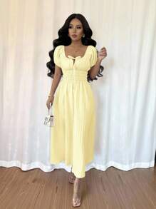 Rafferiza Đầm suông tay bồng cổ vuông thanh lịch ôm eo cho nữ - Vàng nhạt - Xem 5