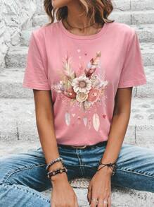 SHEIN LUNE 女式休闲花卉与羽毛心形图案圆领短袖 T 恤，夏季 - 藕粉色 - 查看 5