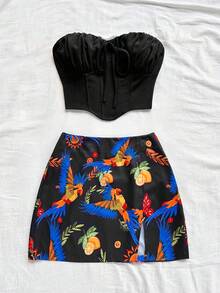 Soleia Damen einfarbiges Crop Top mit Bindedetail und Mini Rock mit Papageienmuster, für Urlaub, Musikfestival, Strand - Verschiedenfarbig - Übersicht 3