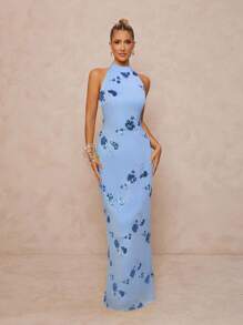 Lumalex 女式亮片刺绣高领腰修身直筒露背系带连衣裙，后开衩 - 藍色 - 查看 3