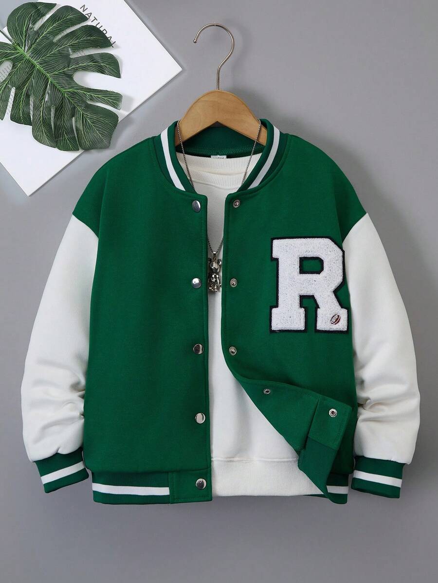 Tween Girl Colorblock Button Applique Fashionable Long Sleeve Jacket Fall Winter - Dark Green - View 1