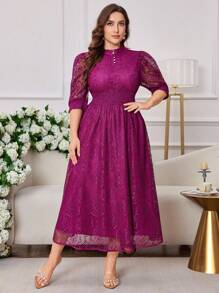 Modelyn Fashionable V-Neck Puff Sleeve Cinched Waist Flared Hem Dress, Slimming Fit, Spring/Summer - Red Violet - View 4