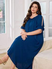 SHEIN Lacomfia Plus Size Solid Color Simple Casual Elegant Tie Cuff Mini Dress