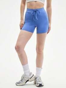 SHEIN Sports Short de sport décontracté pour femmes, unicolore, simple, taille haute avec cordon de serrage - Bleu azur - Voir 4
