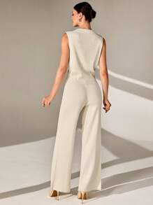 CLARA VERO Elegancki dwurzędowy krój z dekoltem mandaryńskim, zapinany na dwa guziki, bez rękawów, jednolity kolor, kamizelka i szerokie nogawki, jednokolorowe, gładkie, dzianinowe spodnie, 2 sztuki