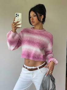 SHEIN EZwear Fall Women Clothes Oversized Gradient Drop Shoulder Short Pullover Cute Sweater, Autumn Back To School Y2k Street Wear - Pink - View 8