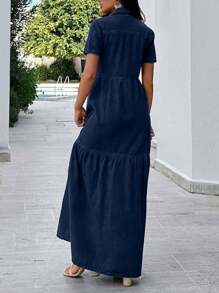 EURMUSE Women's Casual Street Style Vacation Ruffled Hem Button Down Denim Dress With Pockets - Dark Wash - View 2