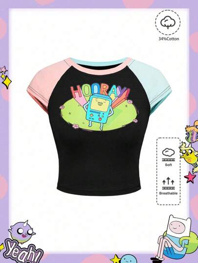 Adventure Time X ROMWE Women Summer Casual Cartoon Letter Graphic Colorblock Short Sleeve Slim Cropped T-Shirt, Back To School Top