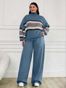 EURMUSE 2 pezzi, Maglione da donna con collo alto e motivo geometrico - blu polveroso - Visualizzare 5