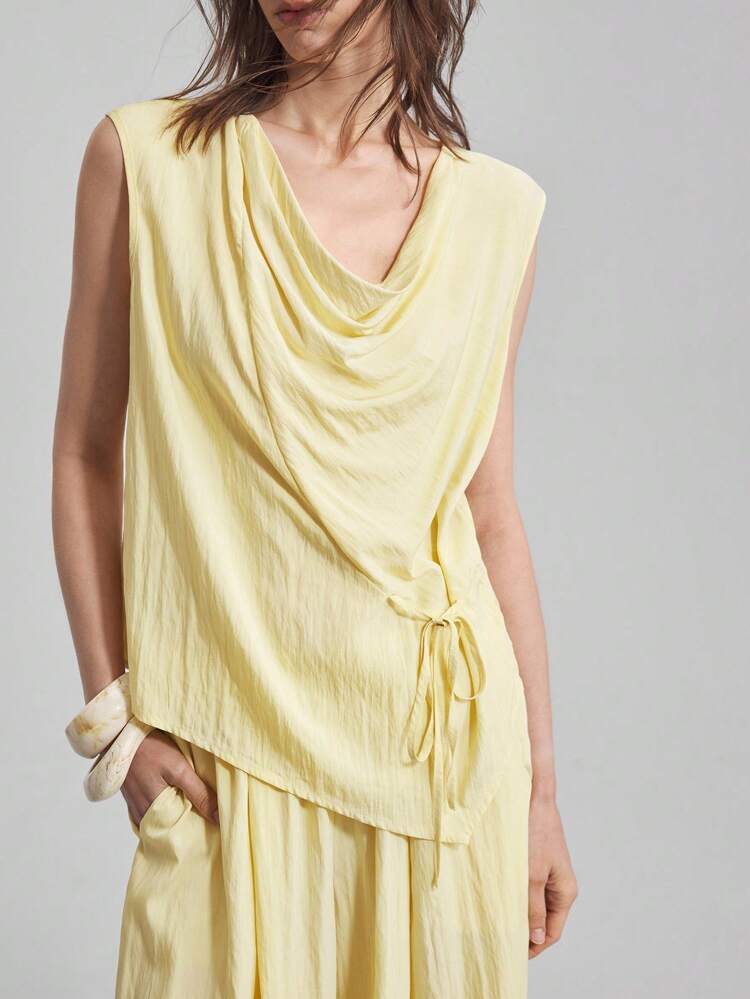 Women's Pale Yellow Chic Summer 2 Pieces Set,Sleeveless Draped Neck Top & Pants,Versatile Business Casual Outfits For Vacation,Wedding Guest & Church
