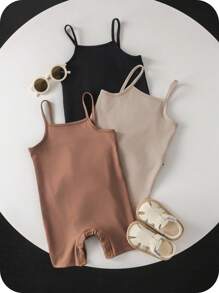 SHEIN Conjunto de 3 piezas de ropa de verano para bebé niña, incluye un lindo y sencillo mameluco de unicolor con tirantes elásticos - Multicolor - Ver 5