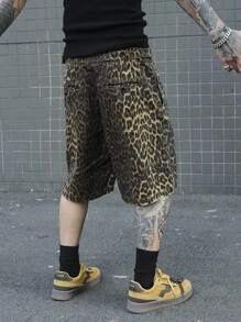 Manfinity EMRG Plus Size Men Leopard Print Waistband Adjustable Loose Wide Leg Denim Shorts Men Cheetah Shorts - Bronze - View 2
