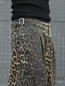 Manfinity EMRG Plus Size Men Leopard Print Waistband Adjustable Loose Wide Leg Denim Shorts Men Cheetah Shorts - Bronze - View 6