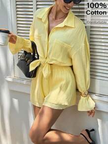 Siren Gaze Thời trang! Trang phục giáo viên dành cho nữ - Trang phục sân bay dành cho nữ 2025 Hàng mới về Áo sơ mi dài tay trễ vai màu trơn kèm quần short thường ngày 2 món dành cho nữ - Áo sơ mi vàng dành cho nữ, lý tưởng cho công việc, hàng ngày, đi làm, đi chơi - Phong cách quý tộc, phải có cho mùa thu và mùa hè - Màu vàng - Xem 3