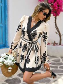 Vivid Eden 女式复古印花裹身迷你连衣裙，休闲假日风格 - 卡其色 - 查看 2