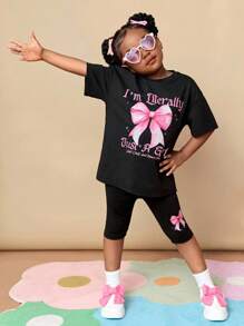 CutesyCutie 2pcs/Set Young Girl Solid Color Bow Design Loose Round Neck T-Shirt And Shorts Set Girls School Uniform,School Tops,Tops For School - Black - View 5