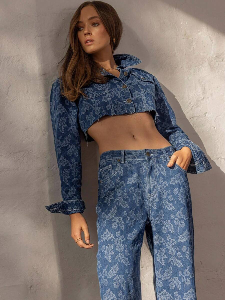 Aralina Jeans de mujer con estampado floral de mezclilla, perfectos para el otoño y el verano, para salir y asistir a conciertos en el campo y con estilo de Estocolmo - Azul lavado medio - Ver 1