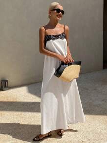 Livesso 女士夏季蕾丝拼接黑白撞色宽松吊带中长连衣裙舞会礼服度假装 - 白色 - 查看 4