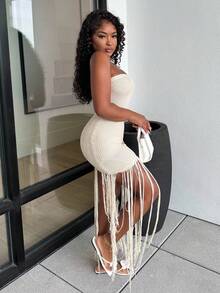 Alexandranx Island Girl Crochet Dress Cover Up Apricot Linen Strapless Strapless Spring And Summer Vacation Beach Extra Long Tassel Mini Crochet Dress - Apricot - View 7