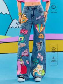 Adventure Time X ROMWE 涂鸦卡通图案宽松牛仔裤 - 藍色 - 查看 12
