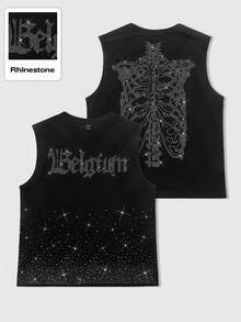 ROMWE MEN Goth Unisex English Graphic Rhinestone Decor Streetwear Tank Top, Halloween - Black - View 8