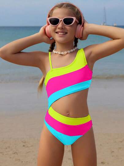 SHEIN Tween Girl Color-Block Asymmetric Neckline One-Piece Swimsuit, Hollowed-Out Waist Design Purple Beach Outfit Summer Holiday