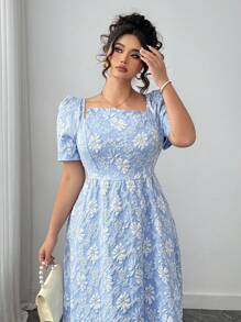 Elenzga 大码女式方领泡泡袖腰部收腰后蝴蝶结设计连衣裙，百搭时尚，适合春夏季节，适合日常通勤、派对、活动 - 藍色 - 查看 6