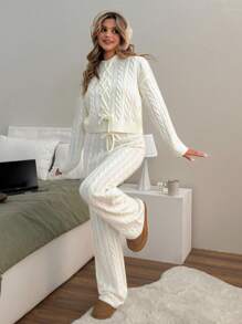 EURMUSE Damski jednolity kolor, dzianinowy wzór, sznurowany sweter z kapturem i spodnie