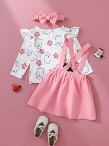 SHEIN BABY GIRL Autumn Pink 2Pcs Set, Cute Printed Top With Delicate Embroidery Detail, Everyday & Outdoor Essentials - Pink - View 2