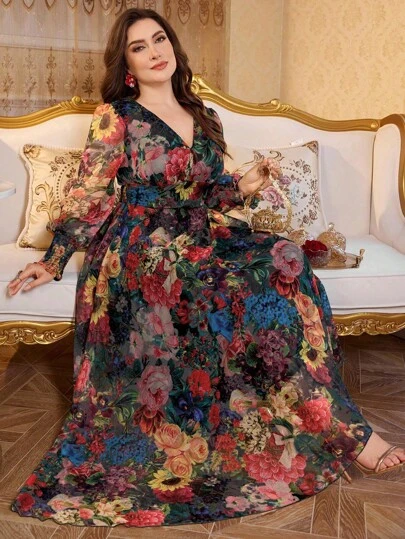 Modelyn فستان طويل الأكمام عصري أنيق بياقة على شكل حرف V