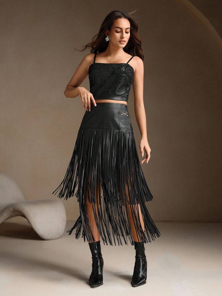 Falda maxi Anewsta de cintura ajustada con cadena negra y doble capa de flecos, adecuada para el Día de San Valentín, primavera a verano