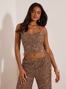 Opulessa 时尚无袖亮片吊带派对上衣，侧边优雅系带设计，棕色亮片吊带上衣，适合派对穿着，秋冬季节，美人鱼款，波西米亚风。 - 棕色 - 查看 5