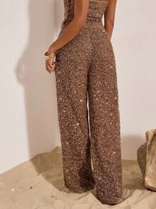 Opulessa Quần ống rộng cạp thấp sequin thời trang dành cho nữ - màu nâu - Xem 6