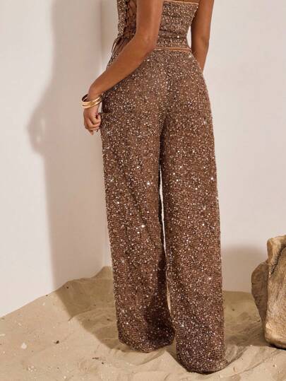 Opulessa Women's Extra Long Wide Leg Espresso Brown Sequin Party Pants,Seductive Summer Holiday Night Out Sparkly Pants,Elegant Club Mermaid Western Style