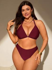 SHEIN Swim Curve Plus Size Women Summer Beach Vacation Style Solid Color Backless Tie Front Halter Split Bikini Set Set - Burgundy - View 4