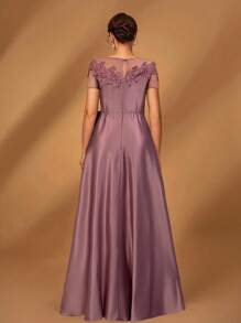 Serin Elegant Luxurious Romantic Mesh Patchwork Satin Pleated Beaded Sequins Applique Short Sleeve Bow A-Line Hem Dress, Suitable For Evening Party, Dating, Vacation, Ball, Music Festival, Wedding, Mother Of The Bride