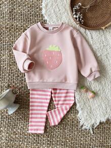 SHEIN 女婴幼儿/新生儿 0-3 岁春夏休闲家居服和外套可爱水果草莓印花圆领长袖运动衫 + 罗纹修身打底裤套装