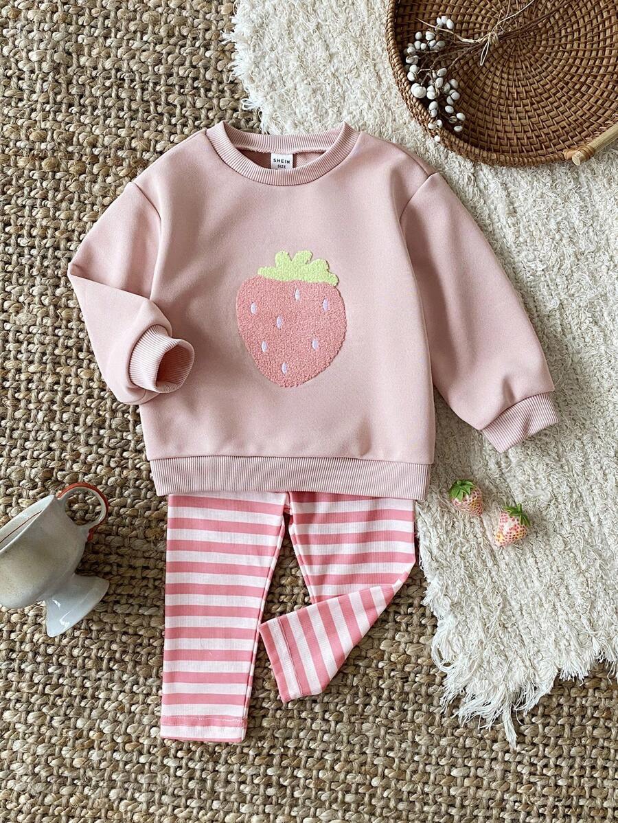 SHEIN 女婴幼儿/新生儿 0-3 岁春夏休闲家居服和外套可爱水果草莓印花圆领长袖运动衫 + 罗纹修身打底裤套装